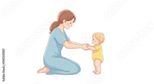 Mother Holding Hands with Baby Standing.
