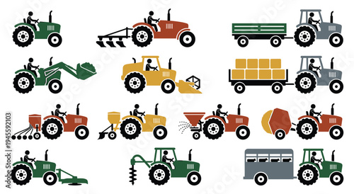Set of farm tractors with agricultural equipment and farmers