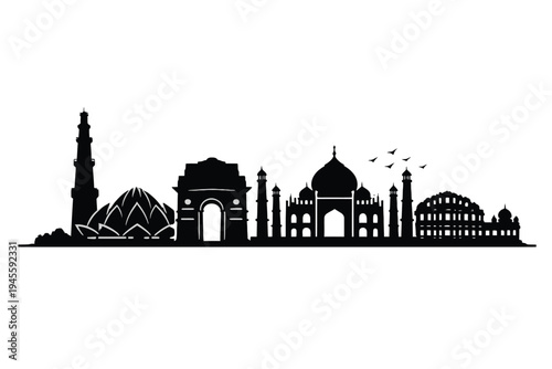 Black and White Silhouette of Famous Indian Landmarks, Historic Arch Monument Skyline, India Travel Architecture Vector Illustration Isolated on White Background. 