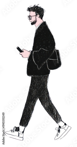 PNG A cheerful man walking phone illustration drawing.