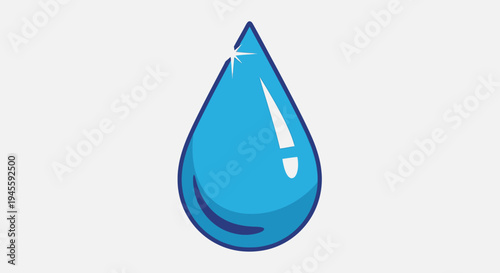 A single blue water droplet with a sparkle on a white background is shown.