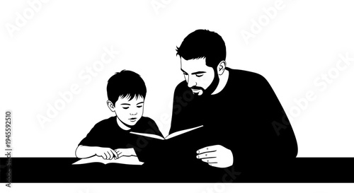 Man and Boy Reading Book Together.