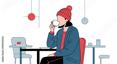 Woman wearing red hat and coat sits at table drinking coffee in cafe