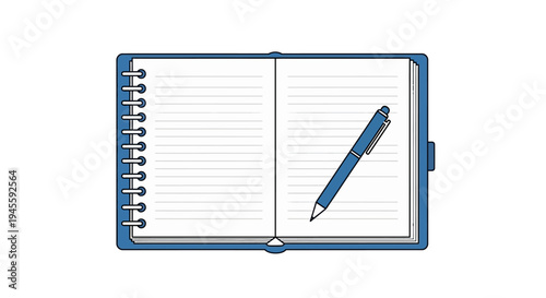 A blue pen rests on the open pages of a spiral notebook