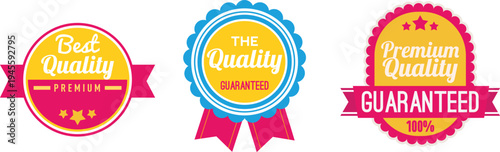 Three vibrant quality assurance badges with premium and guaranteed labels