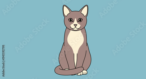 An illustration of a brown cat sitting on a blue background looking forward.