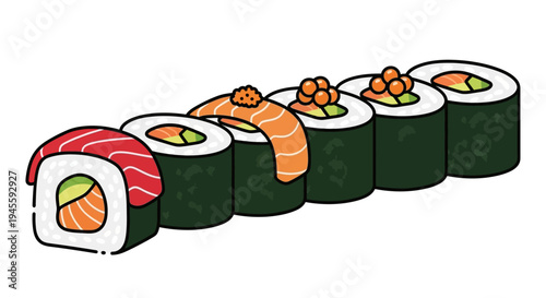 A vibrant illustration of sushi rolls with various fillings on a plate indoors.
