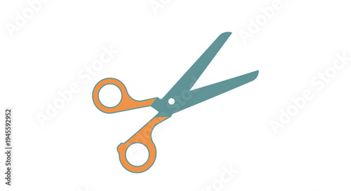 A colorful illustration of scissors with orange handles and teal blades on a white background.