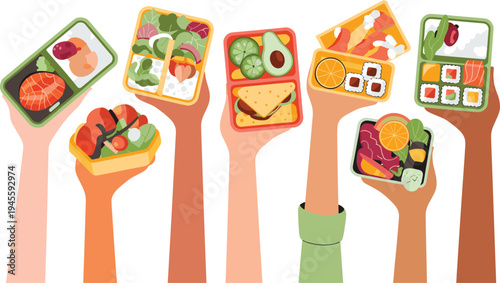 Diverse Hands Holding Assorted Bento Boxes with Healthy Food Options Stock Illustration