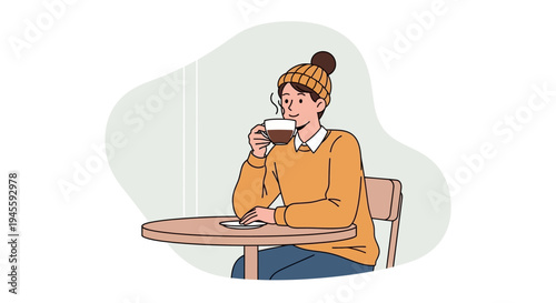 Woman sits sipping coffee at a table.