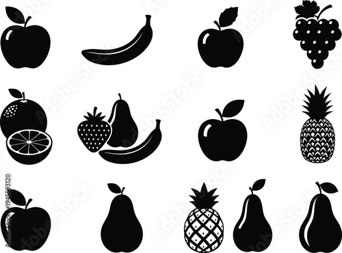 A collection of 14 black and white fruit icons including apples bananas pears pineapples grapes and more on a white background