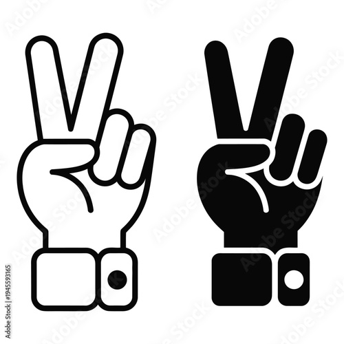 Set of Hand Peace Signs in Outline and Solid Styles for Graphic Elements
