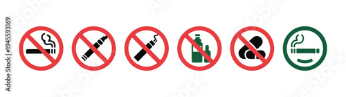 Set of six vector prohibition signs against smoking, vaping, and drinking, including one designated smoking area