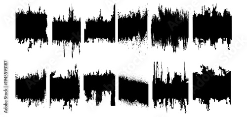 A collection of distressed, grunge style textures or brush strokes. These are often used in graphic design to add a raw, weathered, or industrial look to digital artwork.