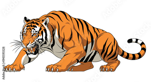 Aggressive Tiger Crouching Ready to Pounce, Fierce Animal Illustration