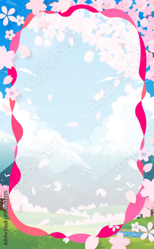 桜並木の春の景色とポップな桜フレーム6_縦