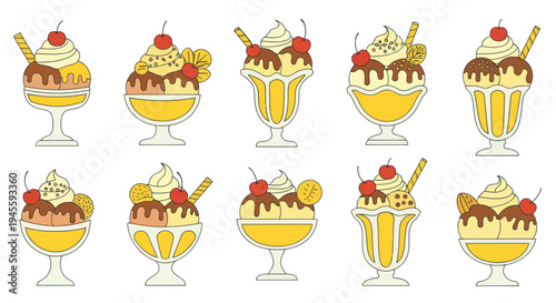 Collection of Delicious Ice Cream Sundaes in Glasses, Sweet Dessert Vector Illustrations