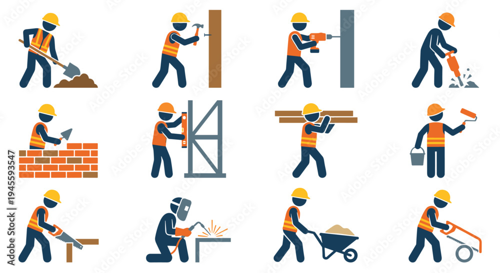 Fototapeta premium Construction workers engaged in diverse building and repair activities