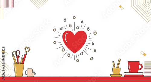 Red Heart with Radiating Lines and Office Supplies on White Background