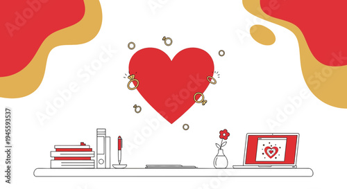 Red Heart with Rings and Desk Setup - Love, Romance, Engagement, Valentine's Day
