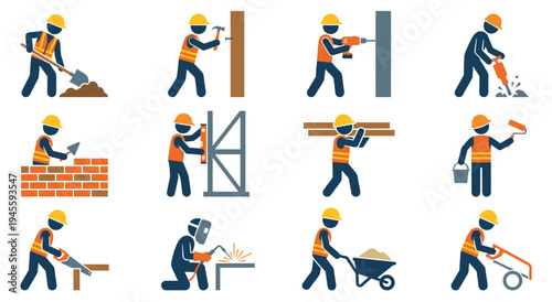 Construction workers engaged in diverse building and repair activities