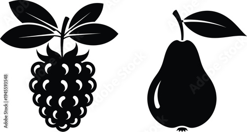Black and white illustration of a bunch of grapes and a pear with leaves on a plain background