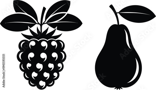 Black and white illustration of a pineapple and a pear