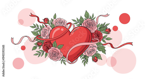 Red Heart with Roses, Ribbons, and Circles - Love, Romance, Valentines Day