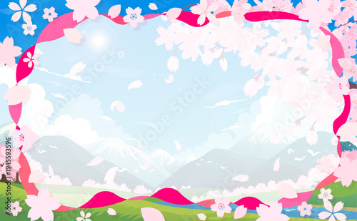 桜並木の春の景色とポップな桜フレーム8_横