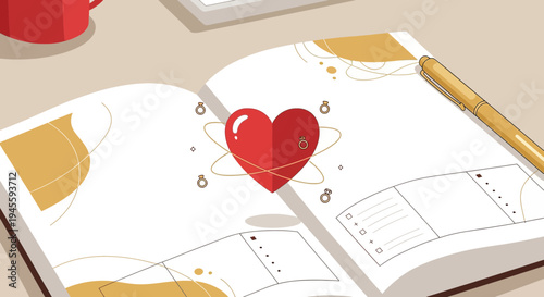 Red Heart with Orbit Lines on Open Notebook - Love, Romance, Creativity, Planning