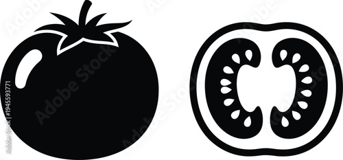 Black tomato illustration with whole and cut views