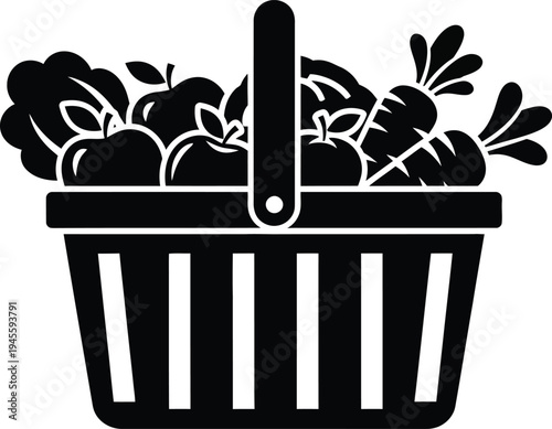 Black and white illustration of a shopping basket filled with fresh vegetables