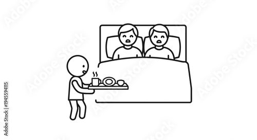 Man serving breakfast to couple in bed.