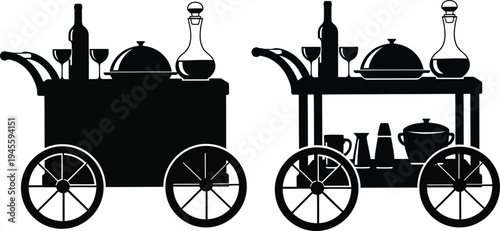 Silhouette of two bar carts with various bottles and glasses