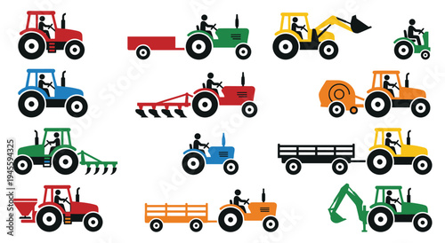 Agricultural tractor icons collection showing various farm machinery models