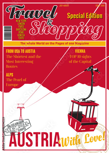 Travel and Shopping Magazine Fake Cover. Austria with Love. Austrian Ski Resort Aerial Tramway Illustration. Vector Template for Touristic Illustrations, Posters, Covers
