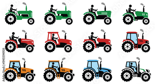 Modern tractor silhouette icons with colorful body and exhaust smoke plume
