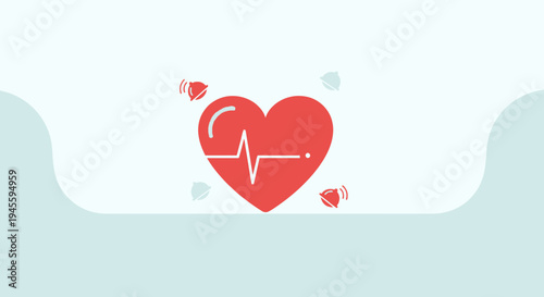 Red Heart with Heartbeat Line and Alarm Icons - Health and Love Concept