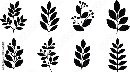 Collection of eight unique leaf silhouettes in black on a white background