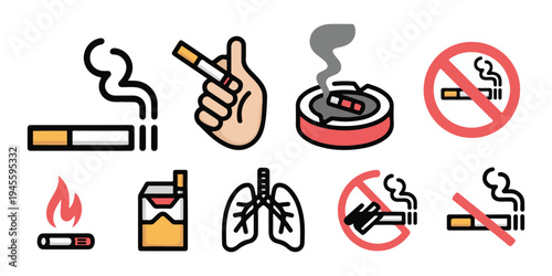 Set of vector smoking related icons including cigarettes, ashtrays, lungs, and no smoking signs on white