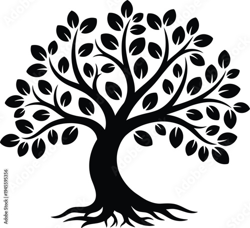 A black silhouette of a tree with a thick trunk and roots and a sprawling canopy of leaves on a white background