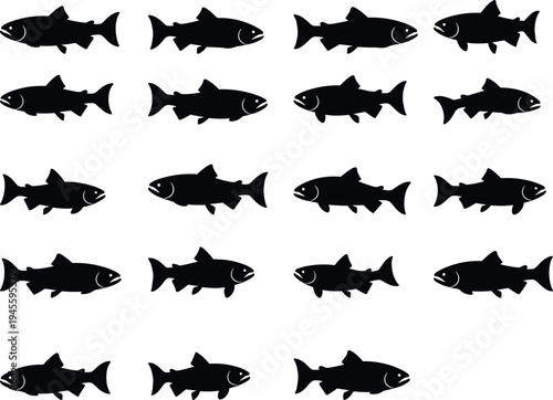 Fish silhouette icons set, freshwater river fish vector collection, aquatic animal symbols for fishing wildlife design