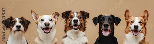 A joyful lineup of five dogs posing with happy expressions against a neutral background, showcasing their unique breeds and personalities