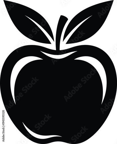 A minimalist black silhouette of a fresh apple with two leaves on a white background