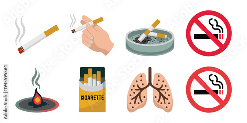 Set of vector icons related to smoking habits, including cigarettes, ashtrays, lungs, and prohibition signs