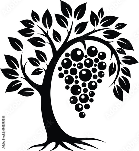 Black silhouette of a tree with a bunch of grapes hanging from its curved branch