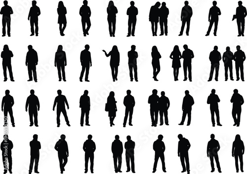 Collection of diverse human silhouettes in various poses and interactions