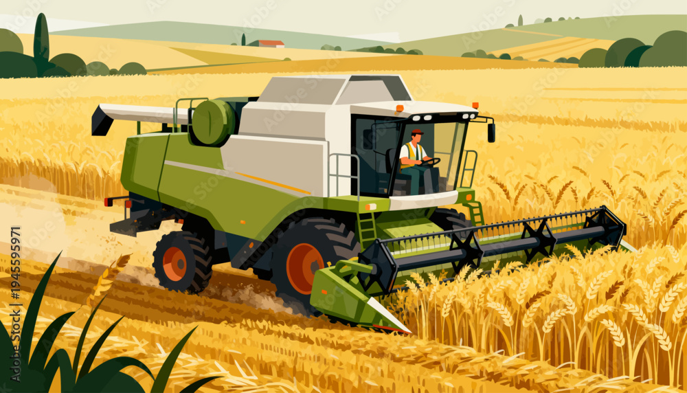 Obraz premium Green harvester moves through golden wheat field. Farmer operates machine with focused attention. Rooftop lights glow above distant farmhouse. Rural landscape stretches under soft, warm light