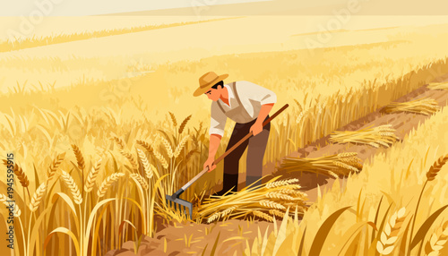 Farmer harvests golden wheat with a rake. Warm light bathes the field. He bends with care and focus. Ripe stalks sway gently behind. Ideal for agricultural or seasonal themes