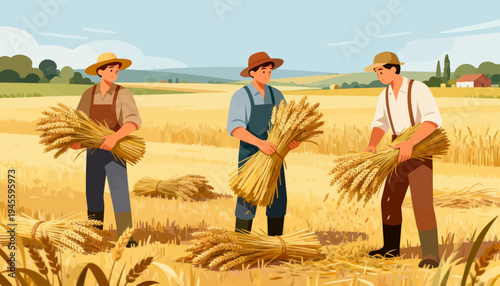 Three farmers stand in a golden wheat field. Each holds a bundle of ripe wheat stalks. They smile, proud of their harvest. Sunlight glows warmly over the field. Perfect for rural, agricultural